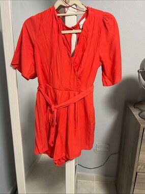 Women's Red Wrap Romper with Self-Tie Waist